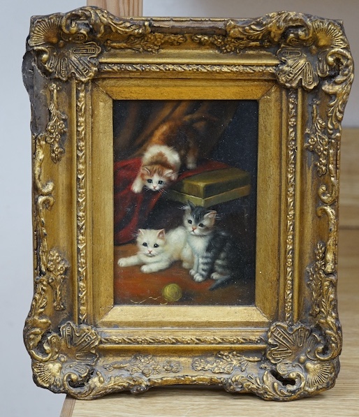 A decorative oil on board, Study of three cats, unsigned, 16 x 11cm, ornate gilt frame. Condition - good